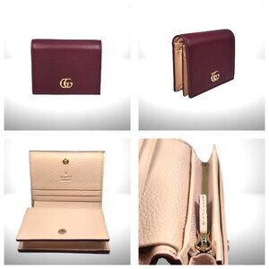 Gucci GG Marmont Card Case Wallet Burgundy/Blush Leather Double G + Box & Dust B